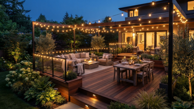 1. string lights along the railing and overhead