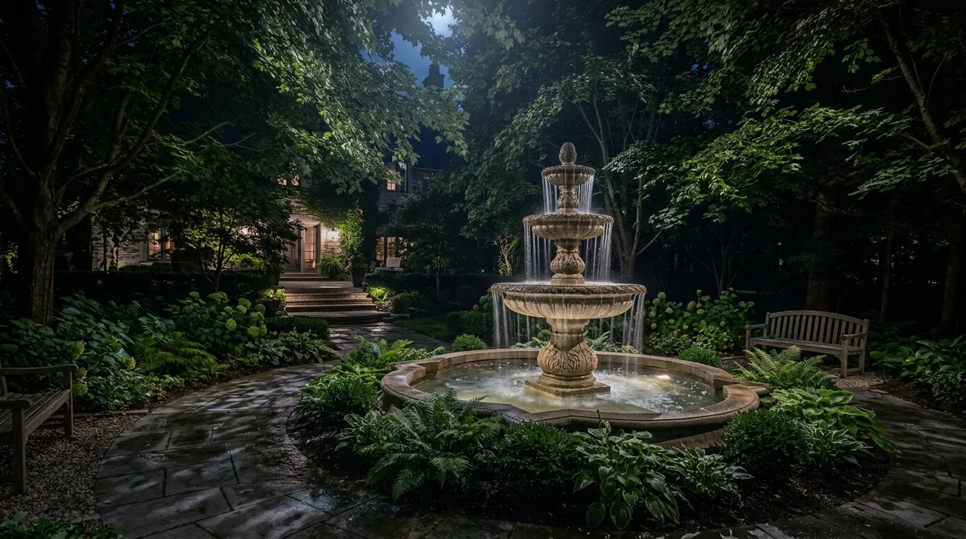Backyard fountain illuminated at… 202607301259