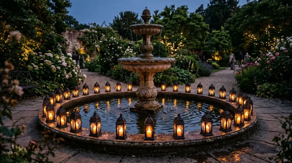 Candle lanterns around fountain 202607301250