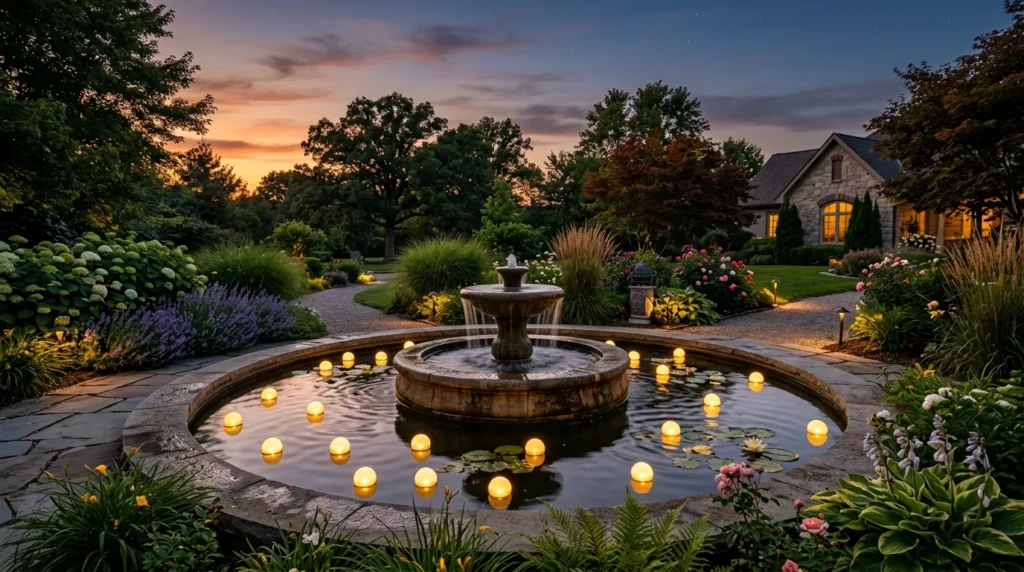 Floating solar lights on fountain 202607301250