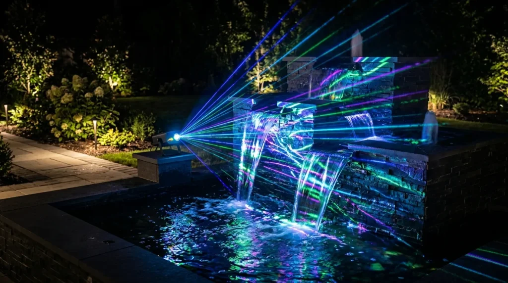 Fountain illuminated by laser light 202607301251