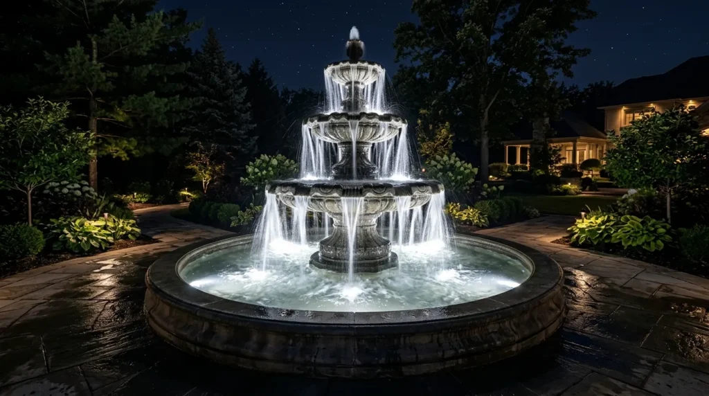 Fountain illuminated by spotlights 202607301251