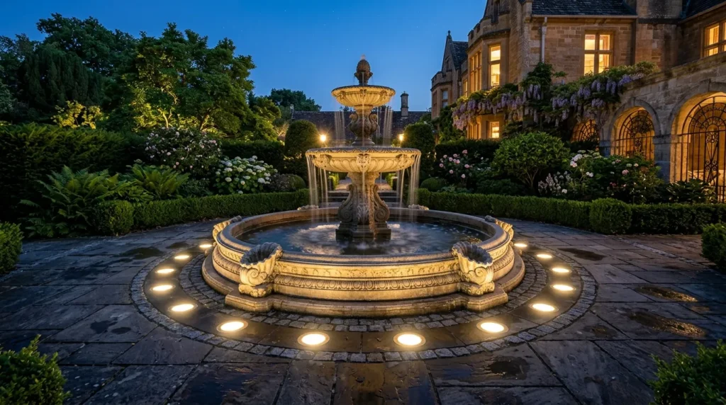 Fountain with in ground lights 202607301250