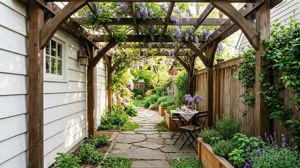 Narrow side passage pergola
