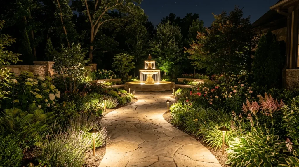 Pathway lights leading fountain 202607301250