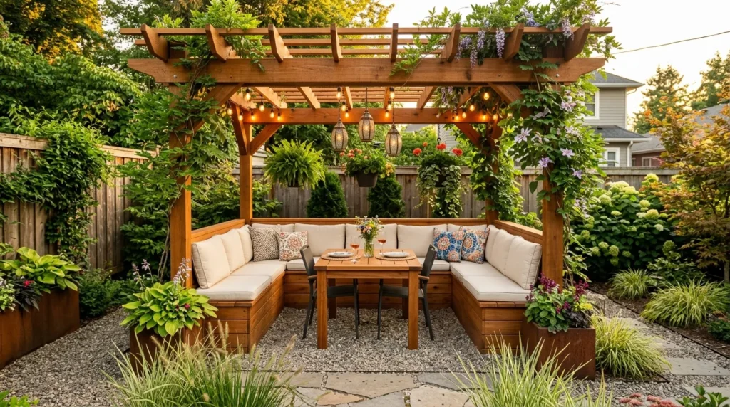 Pergola with built in bench seating