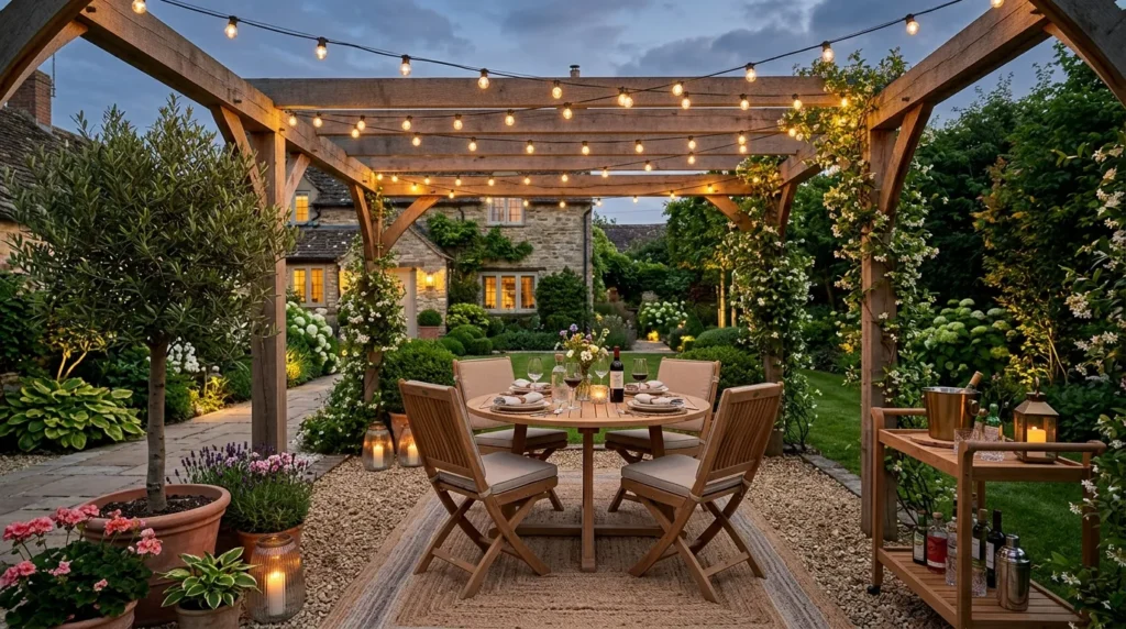 Pergola with dining zone and bistro lighting