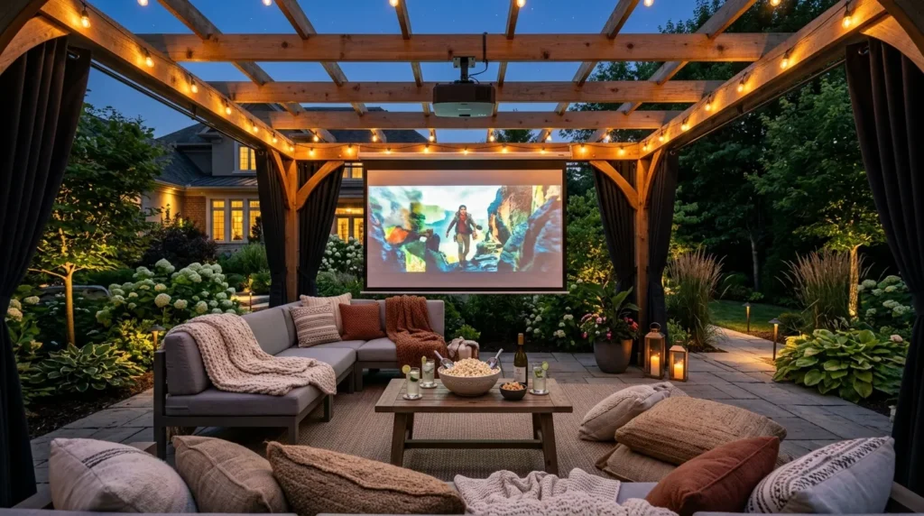 Pergola with outdoor projector screen