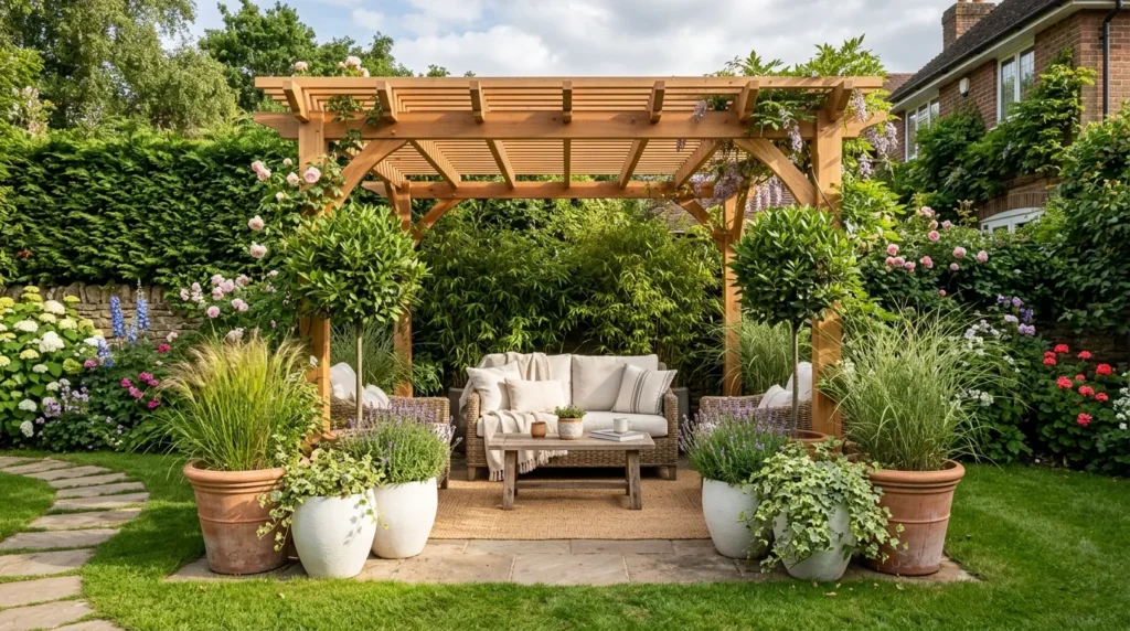 Pergola with potted plant borders
