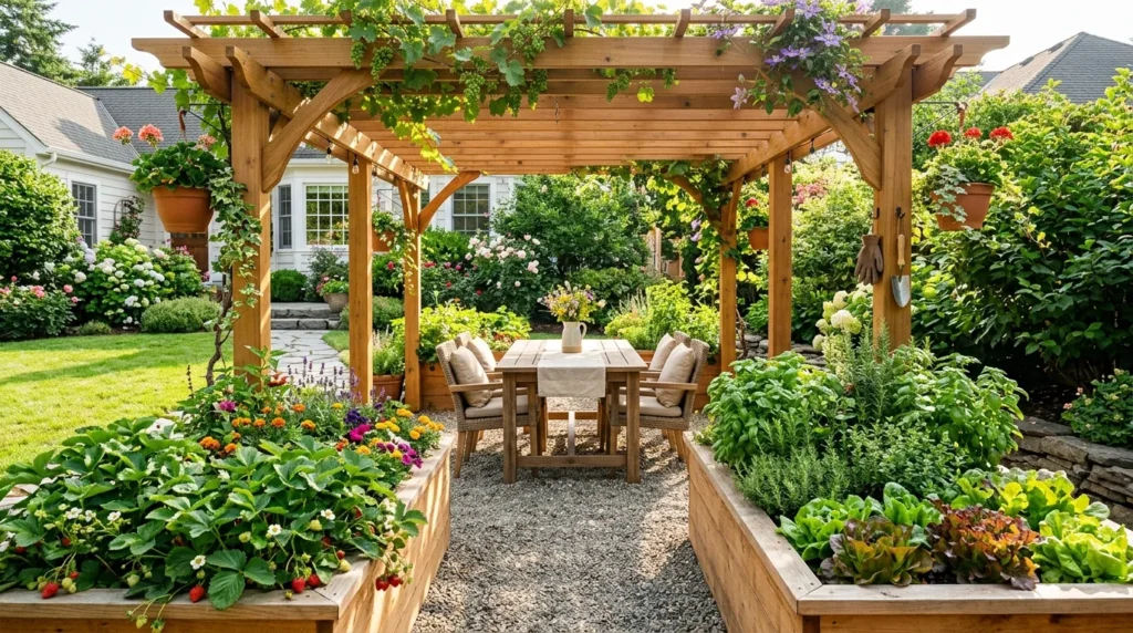 Pergola with raised garden beds
