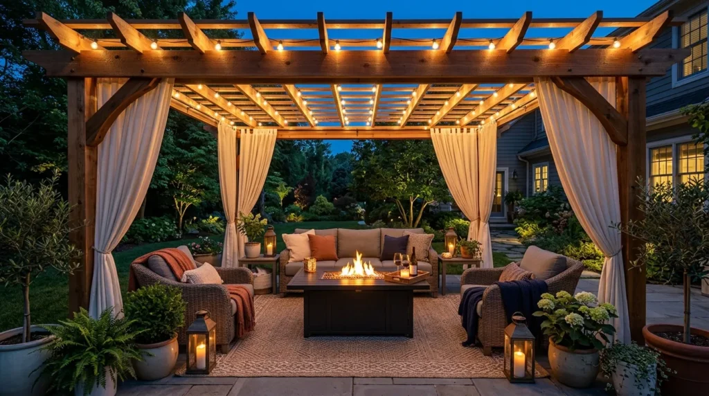 Pergola with string lights and outdoor curtains