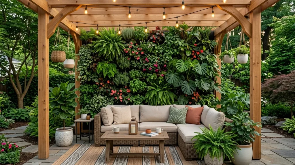 Pergola with vertical garden walls