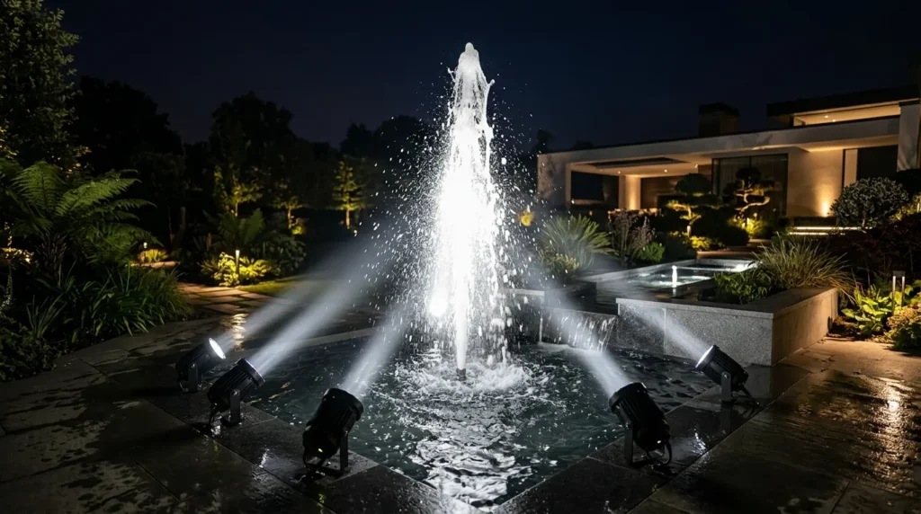 Spotlights aimed at water jet 202607301250