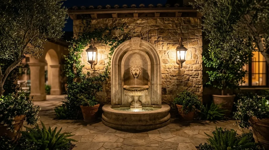 Wall fountain with sconce lights 202607301251