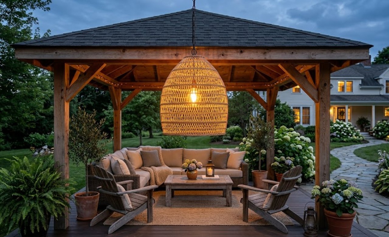 A Central Hanging Lantern or Pendant Light Gazebo Decorating Ideas Backyard