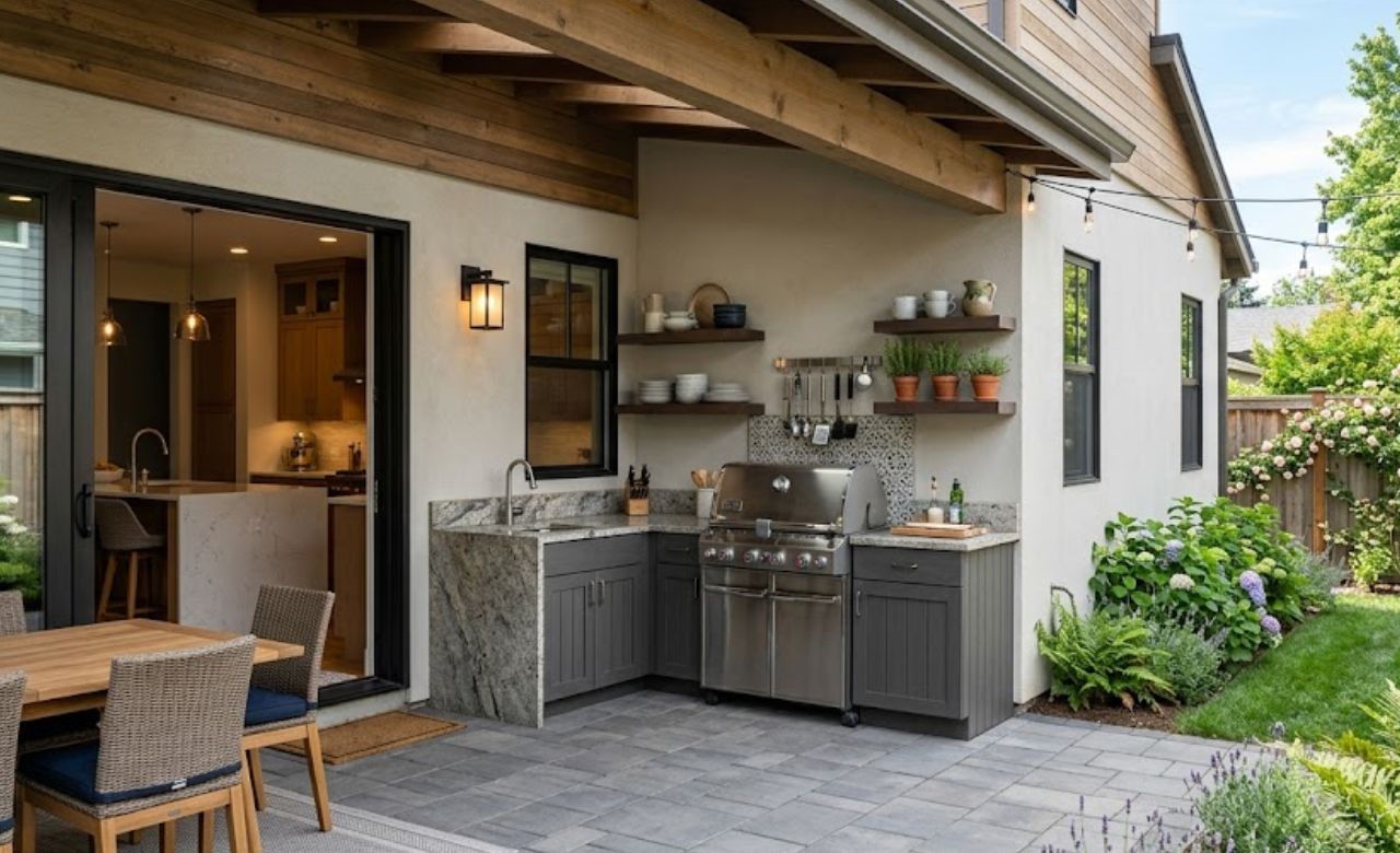 Attached Kitchen Along the House Wall Small Outdoor Kitchen Ideas USA