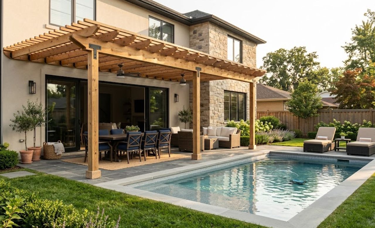 Attached Pergola Along the House Wall Pergola Ideas for Pool Area Decor