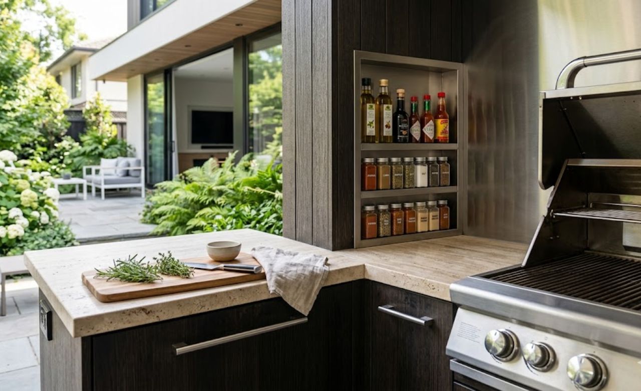 Built-In Spice and Condiment Rack outdoor kitchen storage ideas