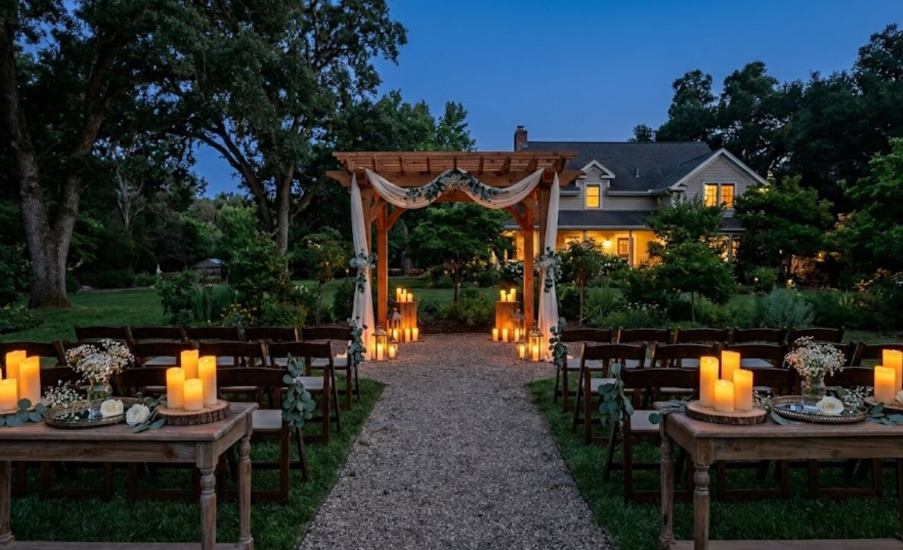 Candle Clusters on Side Tables Budget-Friendly Wedding Pergola Decorating Idea