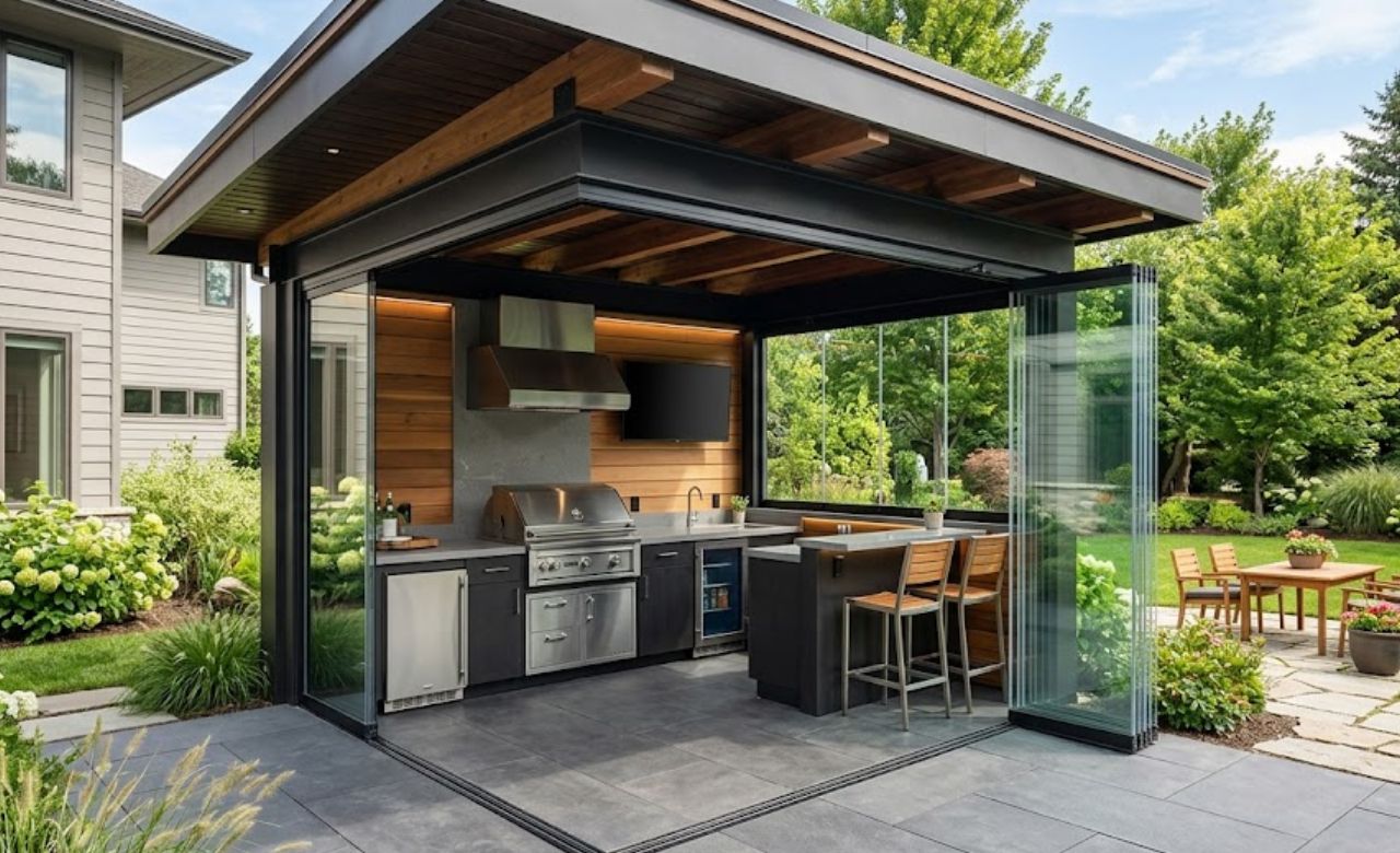 Compact Kitchen With Retractable Glass Wall Small backyard Outdoor Kitchen Ideas