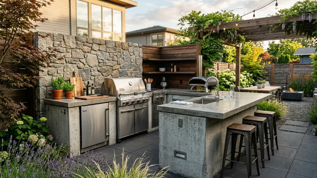Concrete and Steel L-Shaped Kitchen