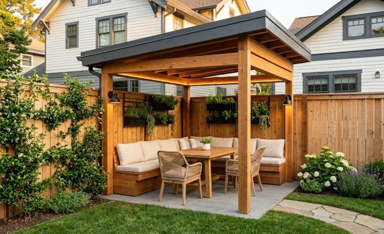 Corner Pavilion for Small Yards Small Backyard Pavilion Idea