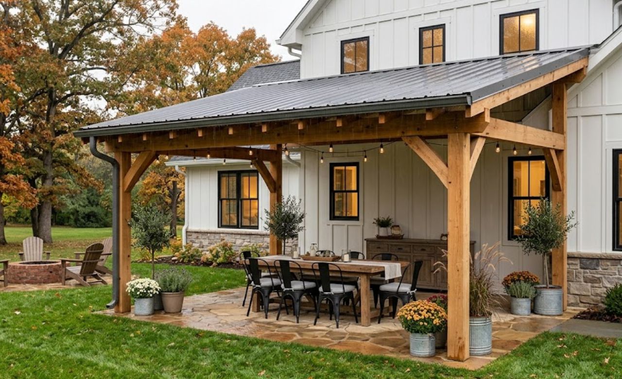 Corrugated Metal Roof Covered Pergola Idea for Patio Area