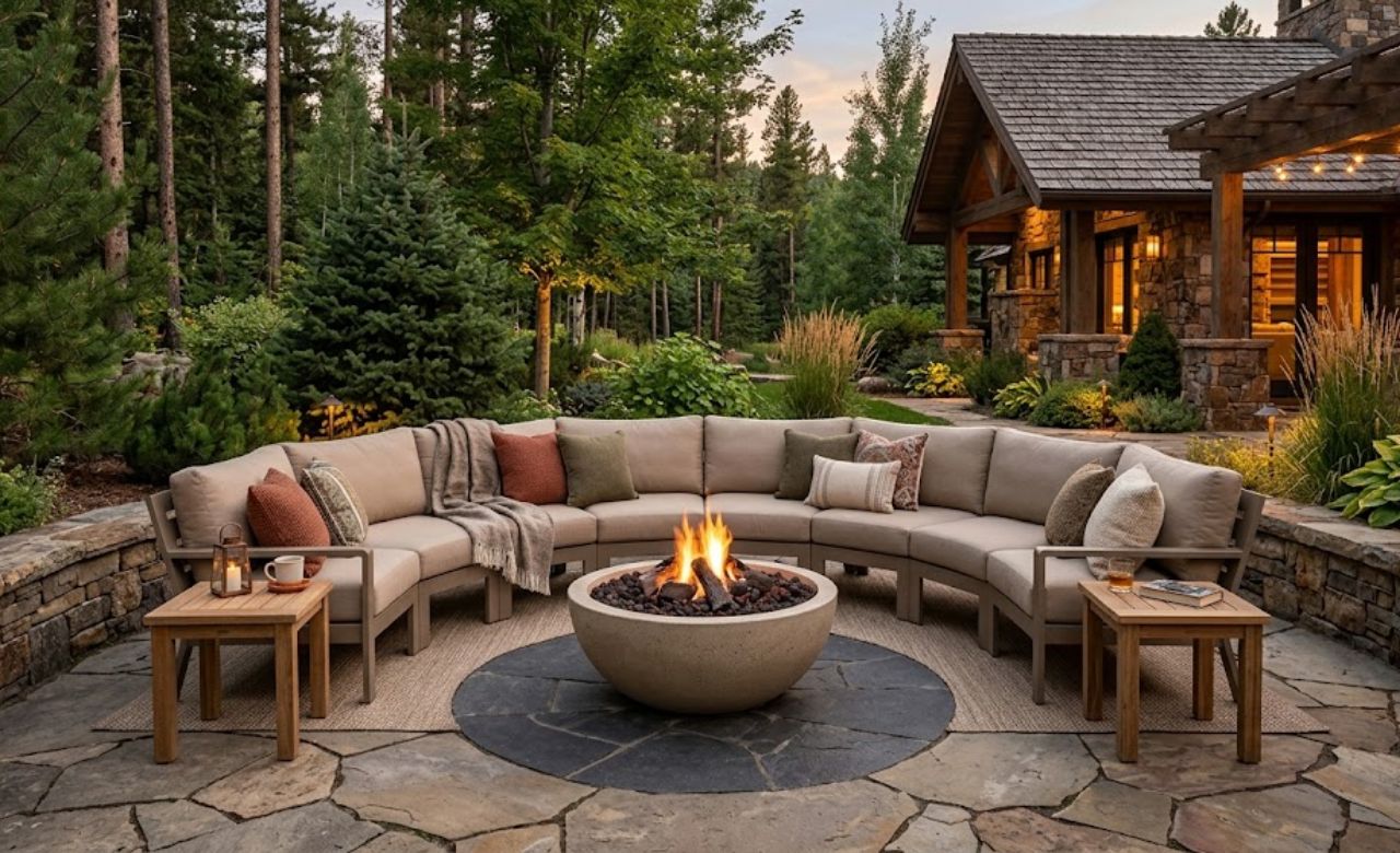 Curved Sofa Around a Fire Bowl Outside Seating Ideas