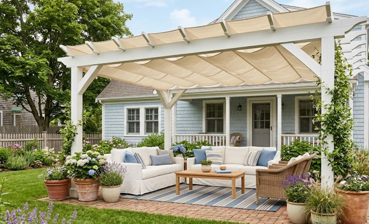 Fabric Canopy Covered Pergola Idea for Patio Area