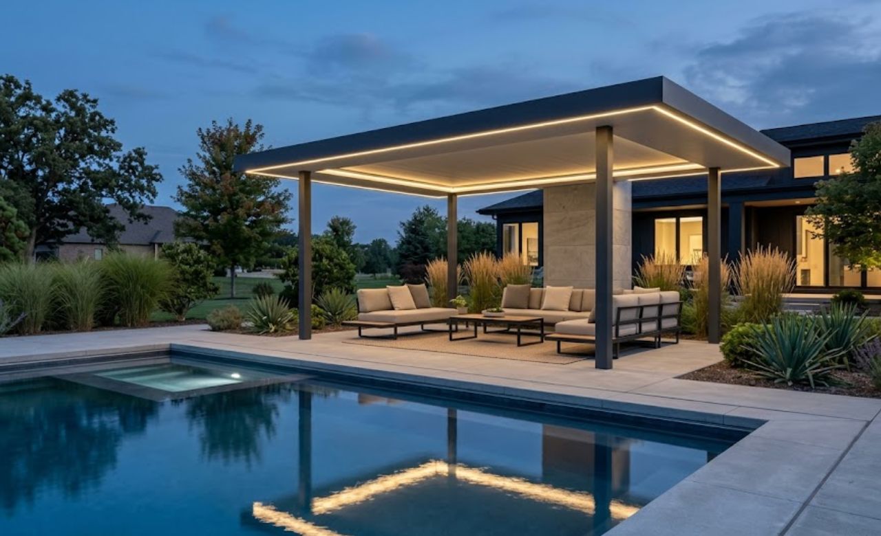Floating Roof Pergola With LED Lighting Pergola Ideas for Pool Area Decor