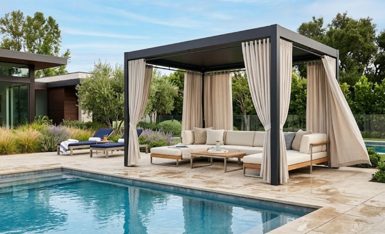 Freestanding Pergola With Curtains Modern Pergola Ideas for Pool Area Decor