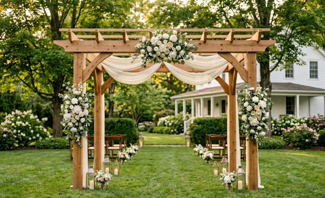 Fresh Flower Clusters at Key Points Only Budget-Friendly Wedding Pergola Decorating Ideas