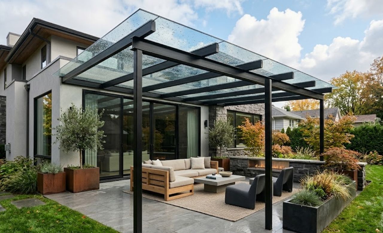 Glass Roof Panels Covered Pergola Idea for Patio Area