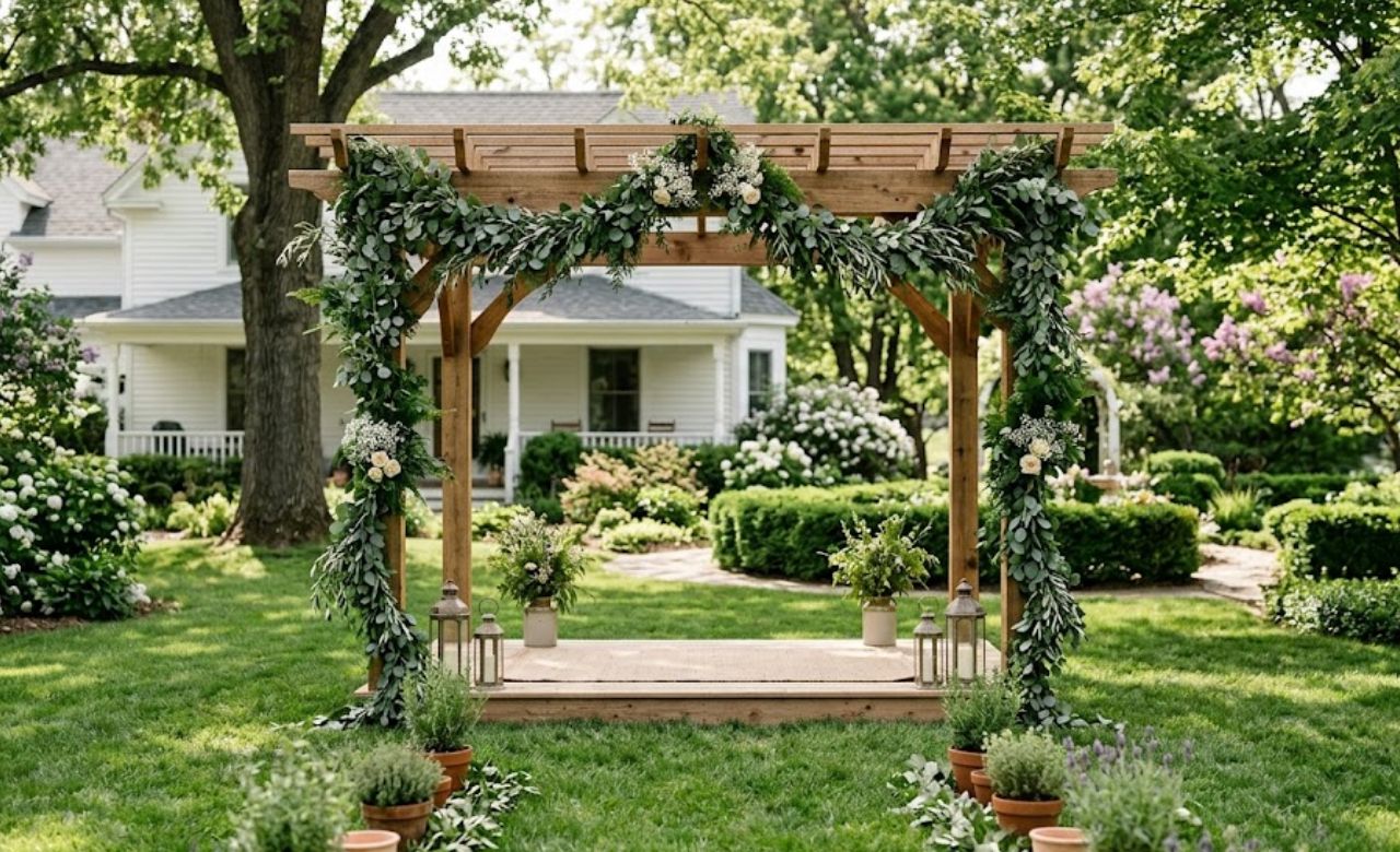 Greenery Garland Along the Beams Budget-Friendly Wedding Pergola Decorating Ideas