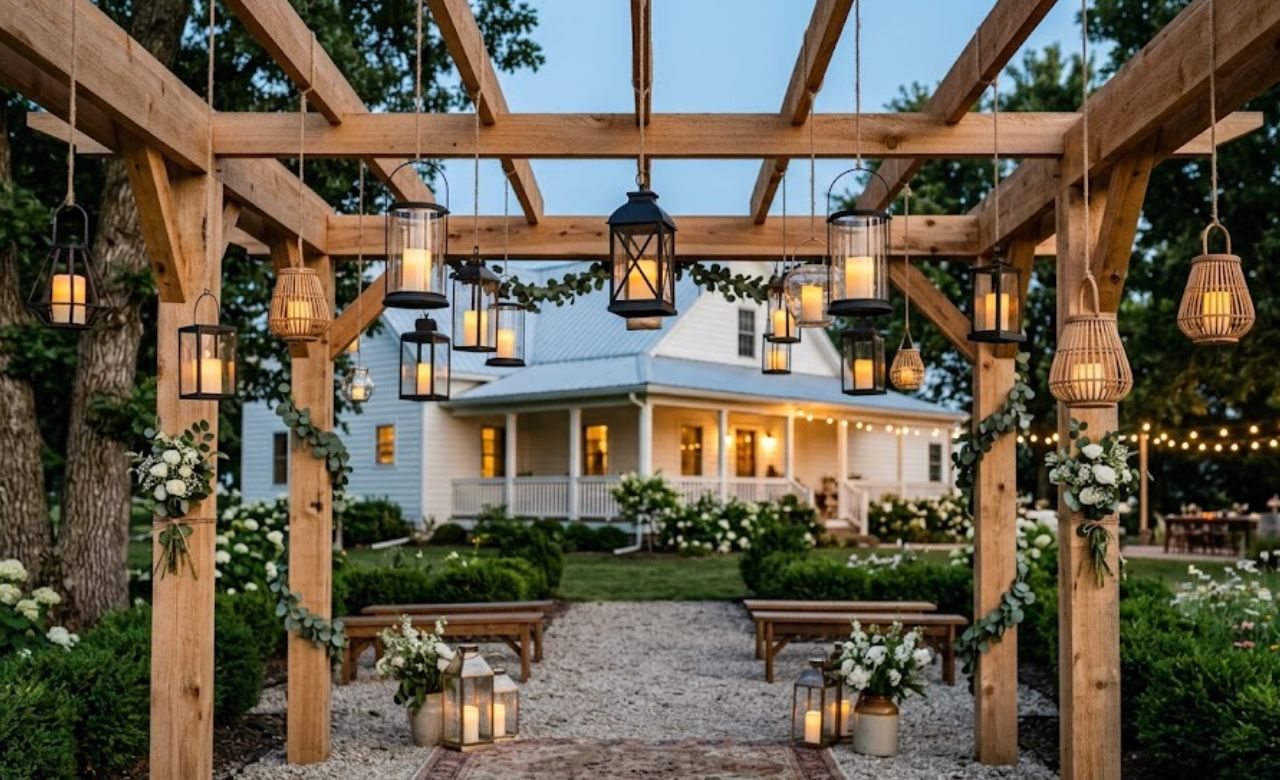 Hanging Lanterns at Different Heights Budget-Friendly Wedding Pergola Decorating Ideas