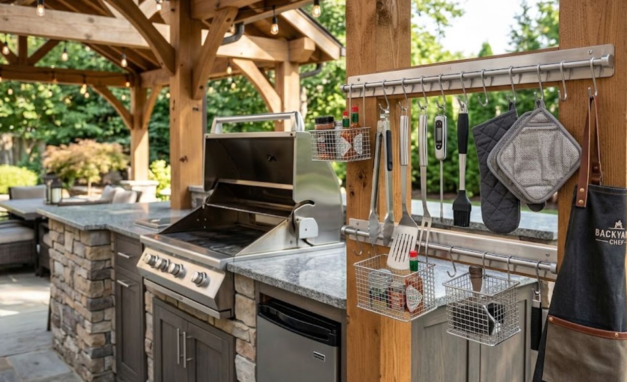 Hanging Rail System on the Pavilion Post outdoor kitchen storage ideas