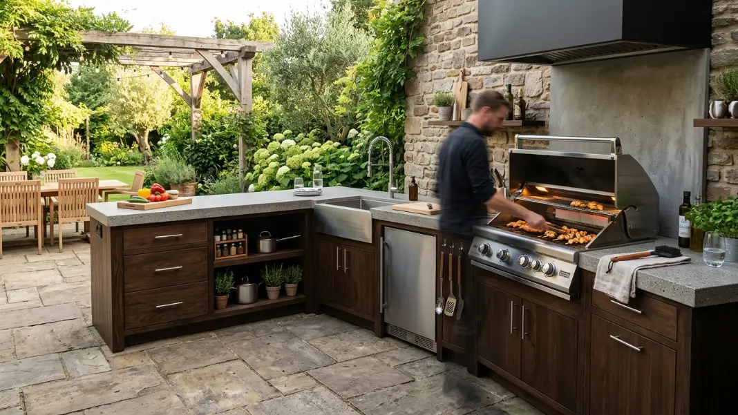 L-Shaped Kitchen With Bar Counter and Stools