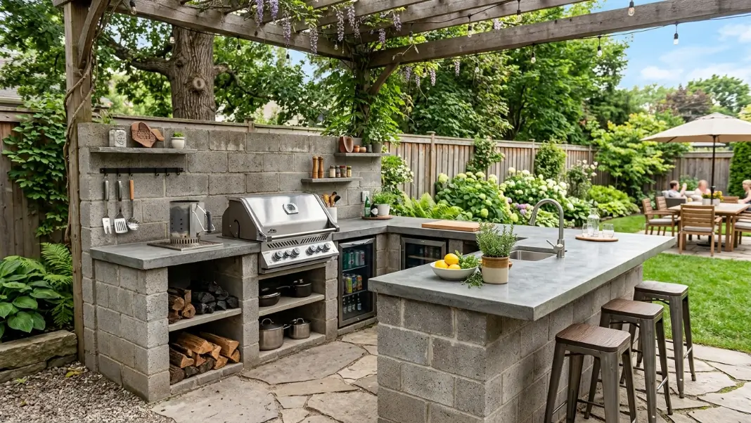 L-Shaped Kitchen With Concrete Block Base