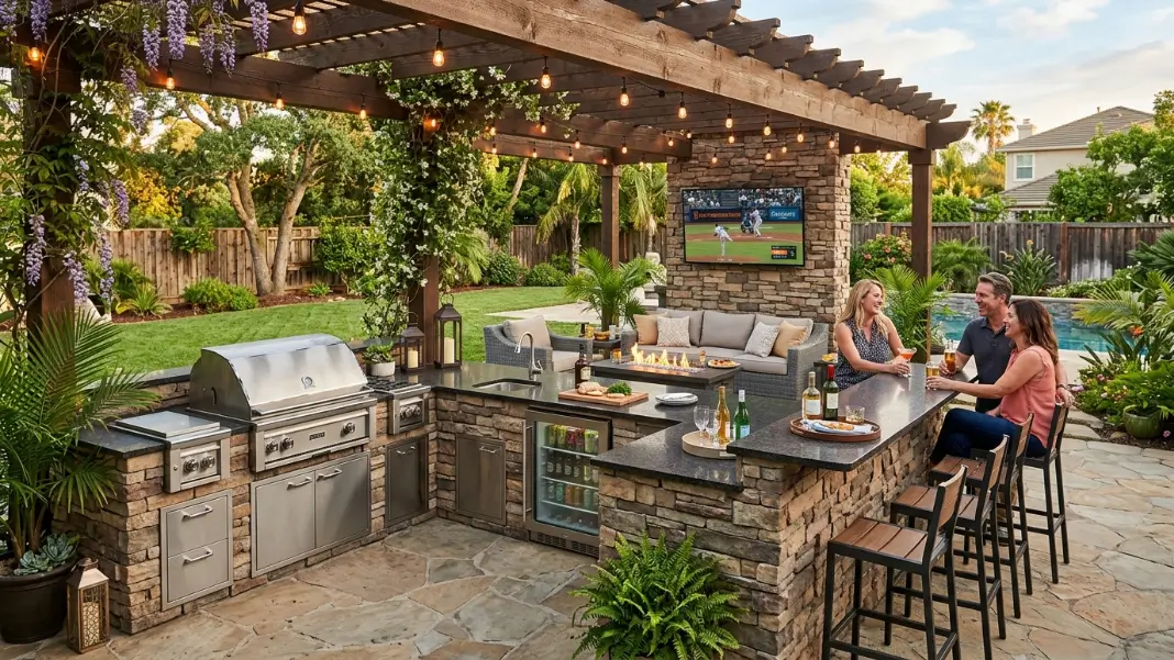 L-Shaped Kitchen With Full Outdoor Entertainment Setup