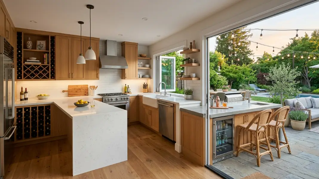 L-Shaped Kitchen With Outdoor Bar and Wine Storage