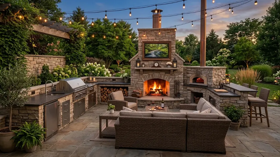 L-Shaped Kitchen With Outdoor Fireplace