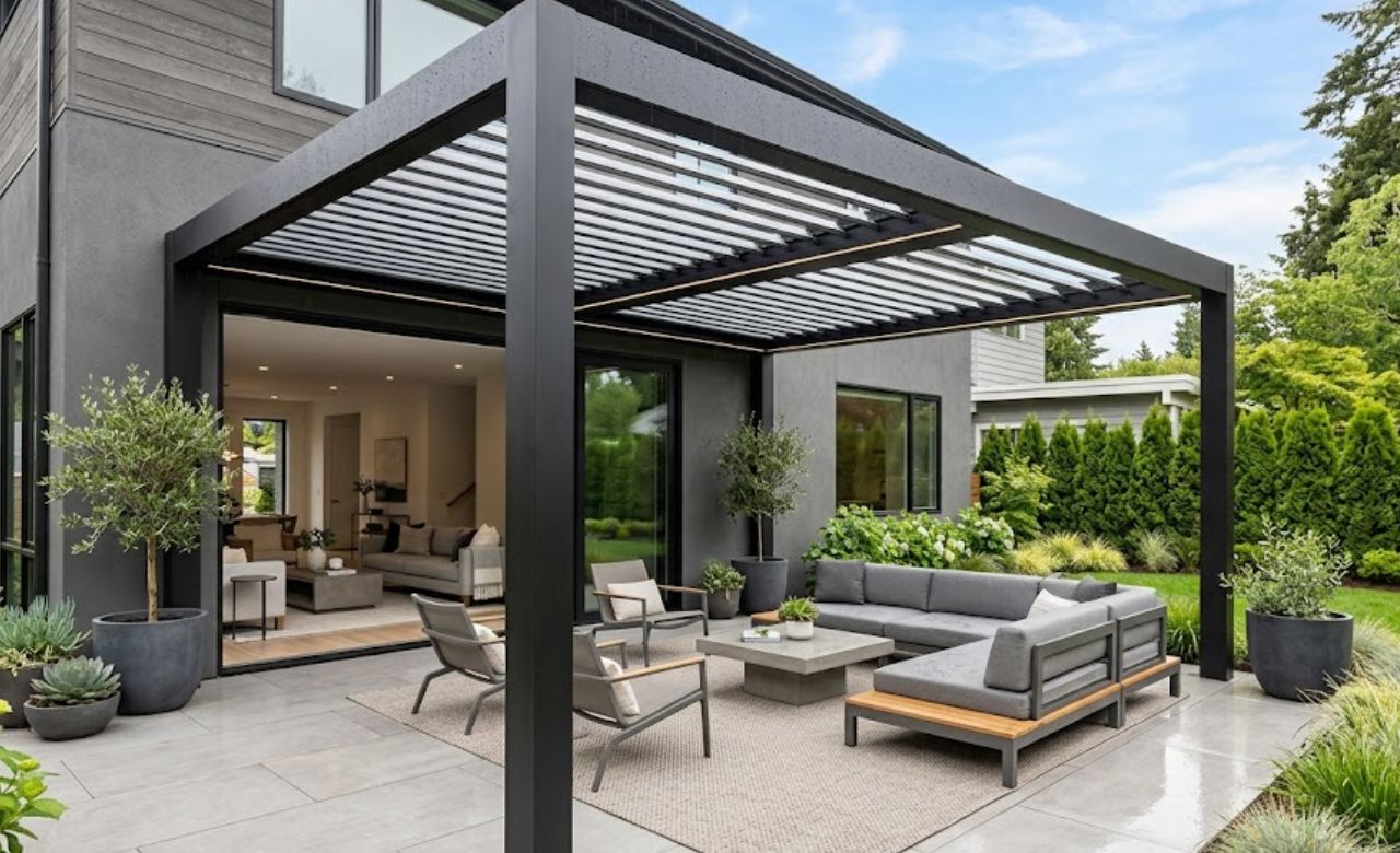 Louvered Roof System Covered Pergola Idea for Patio Area