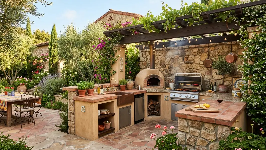 Mediterranean L-Shaped Outdoor Kitchen