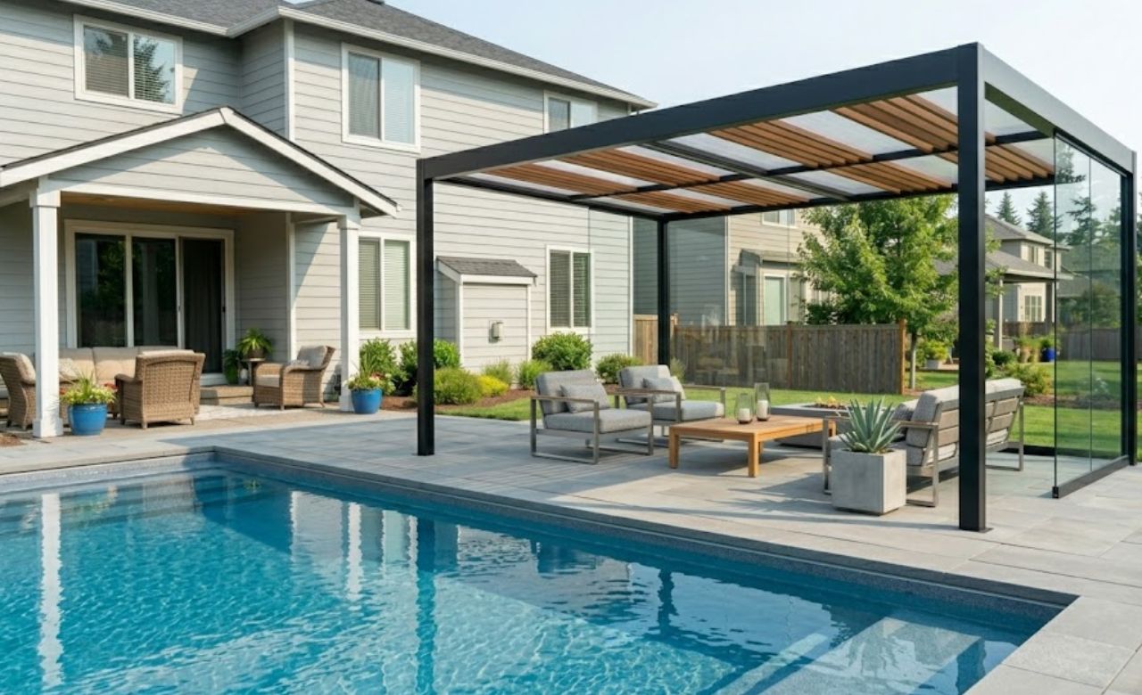 Minimalist Flat Roof Pergola Modern Pergola Ideas for Pool Area Decor