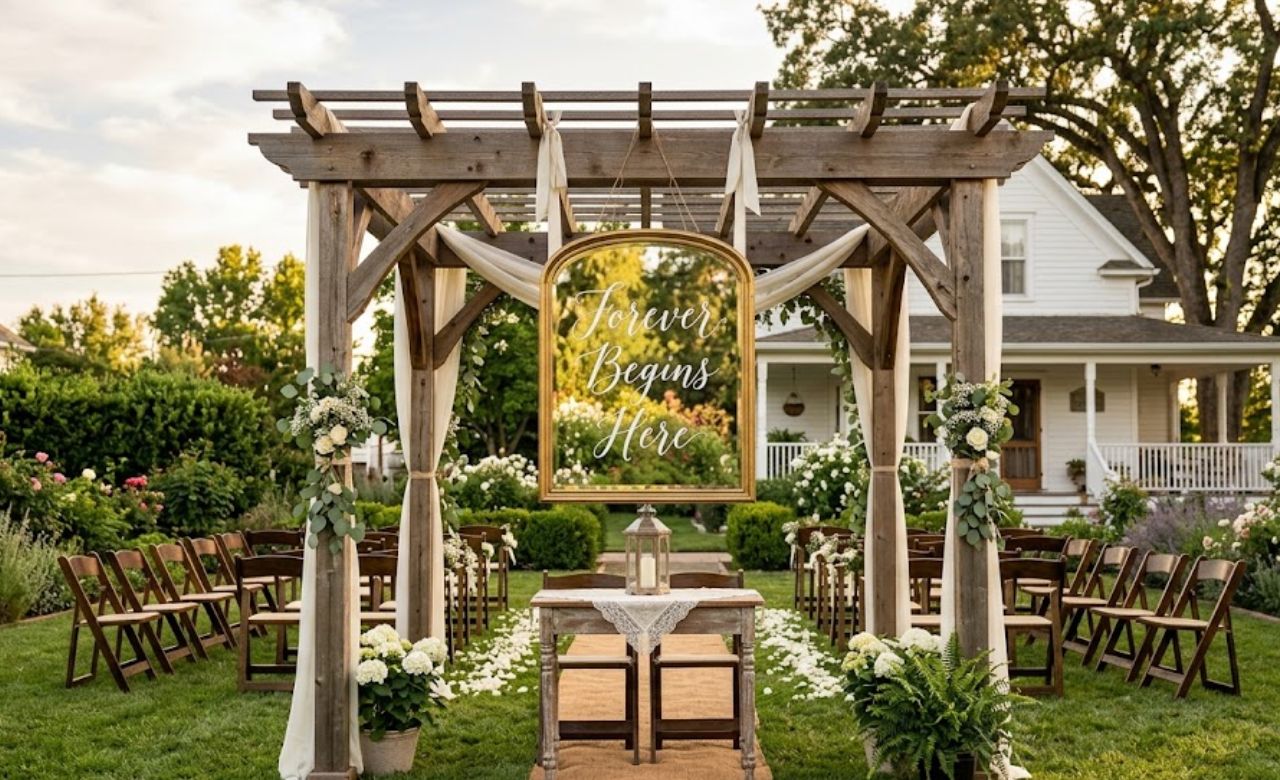 Mirror or Acrylic Wedding Sign Budget-Friendly Wedding Pergola Decorating Idea