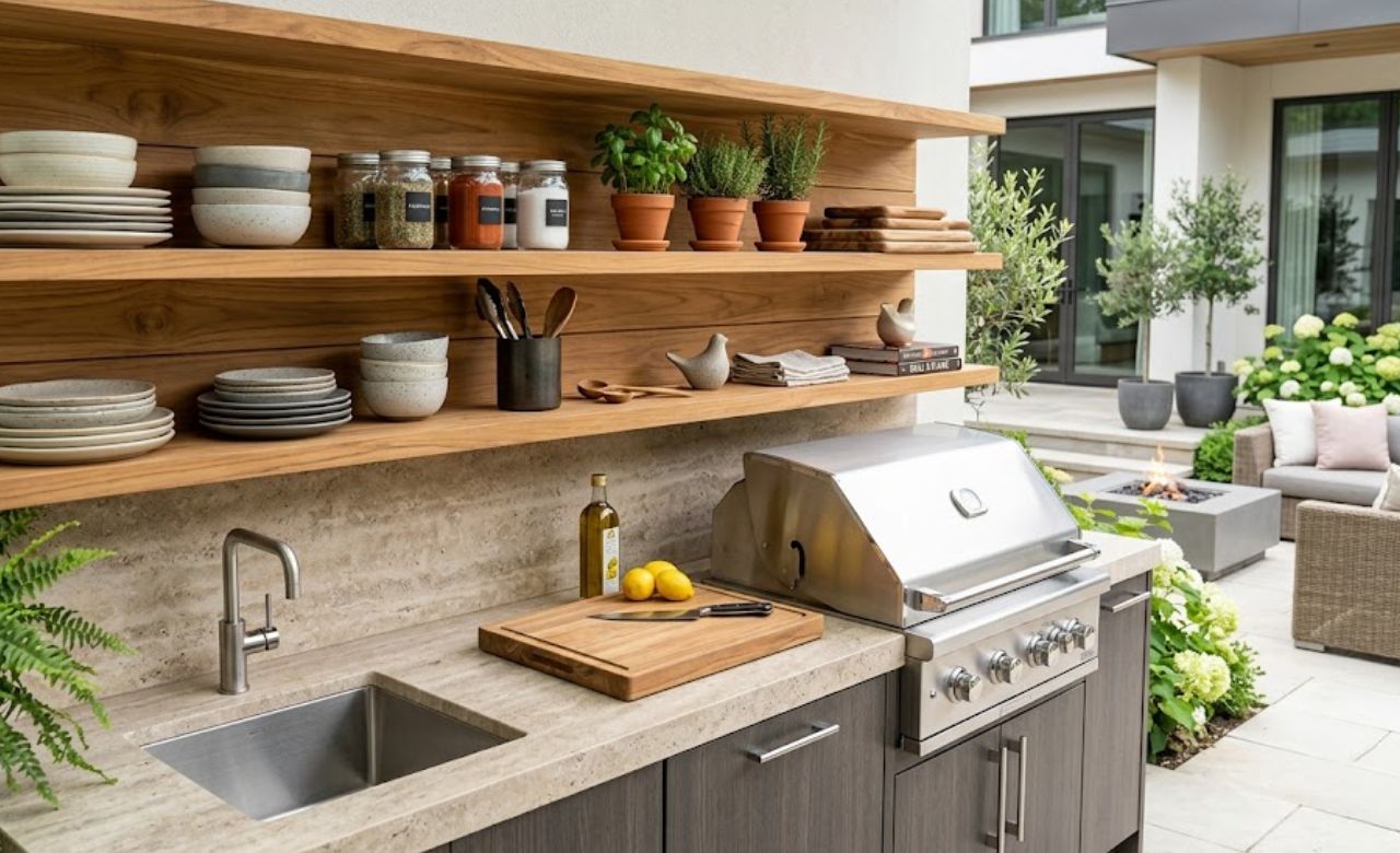 Open Timber Shelving Above the Counter outdoor kitchen storage ideas