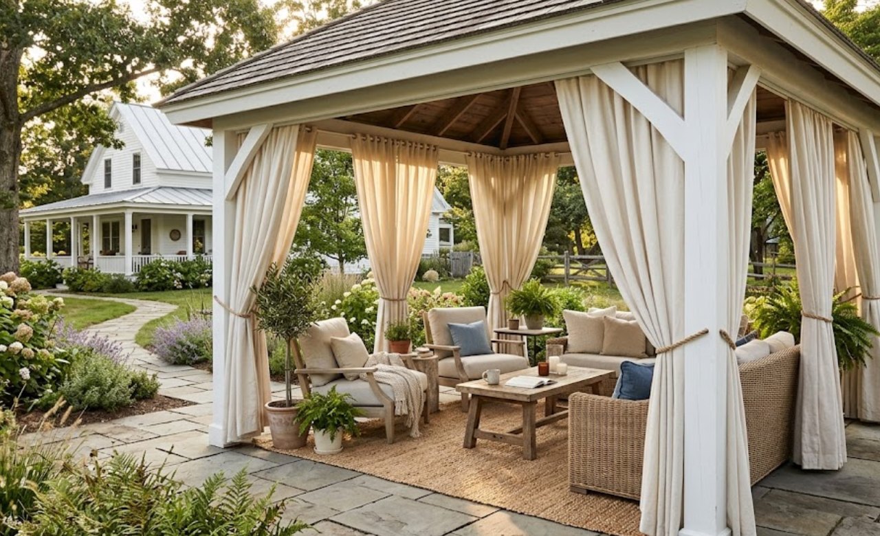 Outdoor Curtains on the Sides Cozy Gazebo Decorating Ideas Backyard