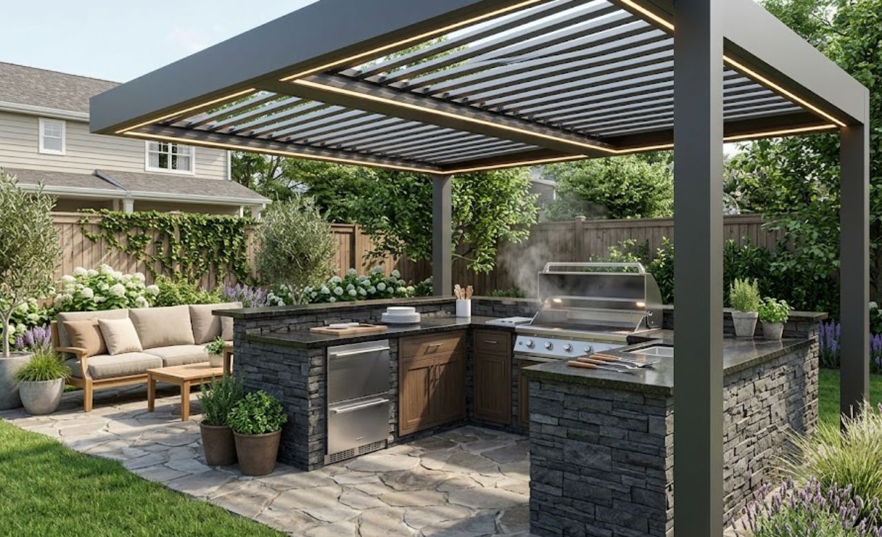 Outdoor Kitchen With Louvered Roof Small Outdoor Kitchen Ideas
