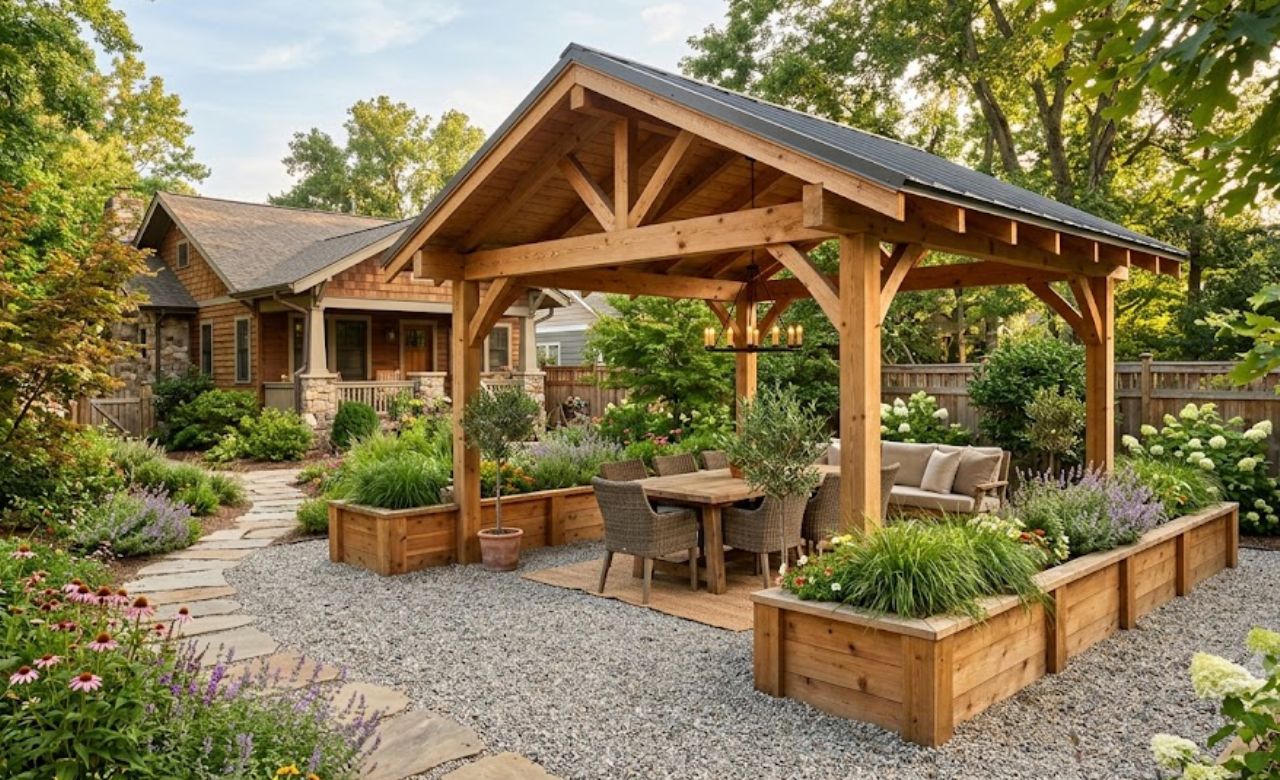 Pavilion With Gravel Base and Raised Planters Small Backyard Pavilion Idea