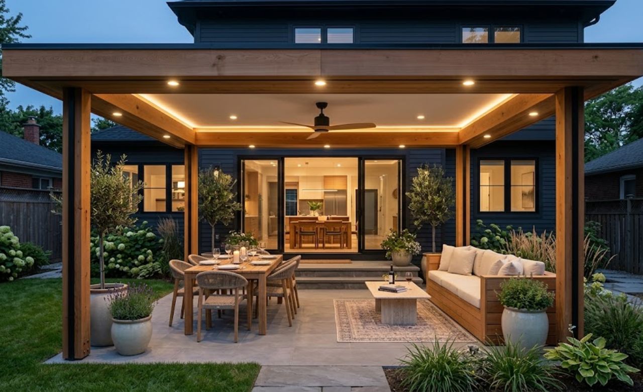 Pavilion With Integrated Lighting and Fans Small Backyard Pavilion Idea